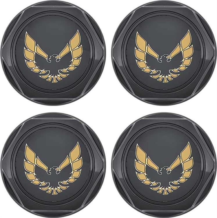 1982-92 Firebird - Wheel Center Cap Set - Gloss Black with Gold Bird Emblem w/o Metal Clips (4 pc)