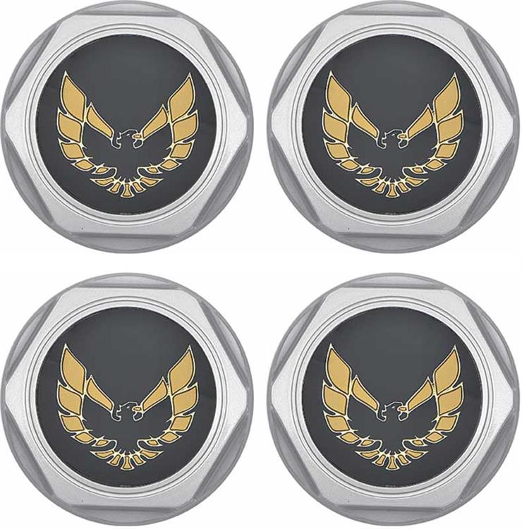 1982-92 Firebird - Wheel Center Cap Set - Silver with Early Gold Bird Emblem & Metal Clips (4 pc)