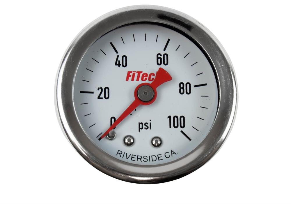 Gauge, Analog, Fuel Pressure, 0-100 psi, 1 1/2 in. Diameter, White Face, Chrome Bezel, Mechanical, Each