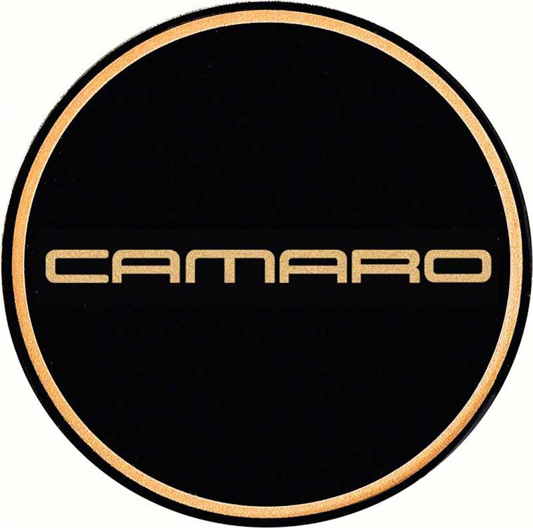 "GTA WHEEL CENTER CAP EMBLEM CAMARO 2-1/8"" GOLD LOGO/BLACK BACKGROUND"