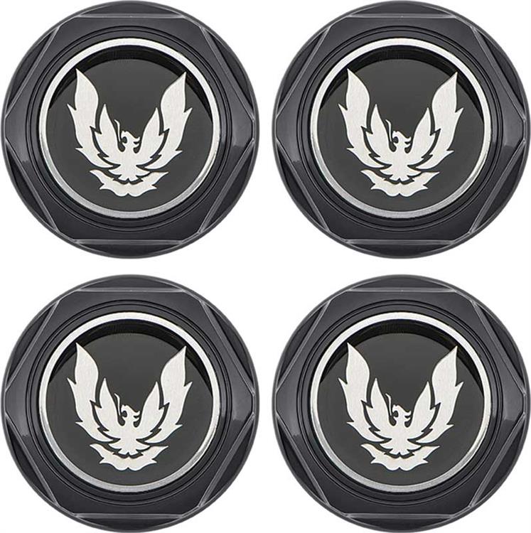 1982-92 Firebird - Wheel Center Caps Gloss Black with Silver Bird Emblem with Metal Clip - Set of 4