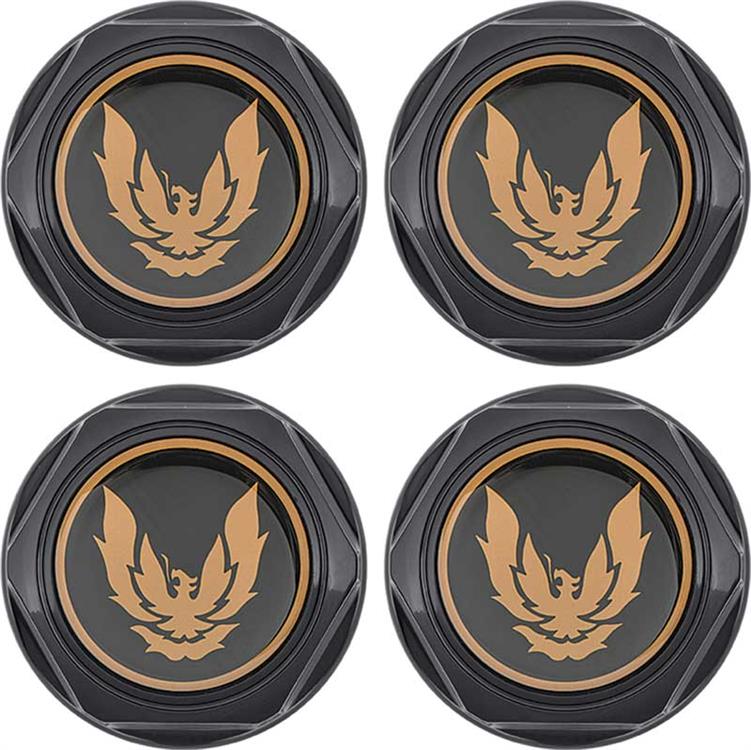 1982-92 Firebird - Wheel Center Caps Gloss Black with Gold Bird Emblem & Metal Clip - Set of 4