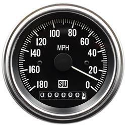 Speedometer/Odo, Deluxe Reverse Sweep, 180mph, Electric, Black Dial, White Numbers, Polished Bezel, 3-3/8"
