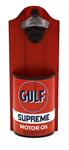 Bottle Opener Plaque, Wood, Metal, Gulf Oil, 4" Width, 9.5" Height, Red/Black/White