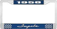 1958 IMPALA BLUE AND CHROME LICENSE PLATE FRAME WITH WHITE LETTERING