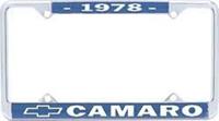License Plate Frame, Steel, Chrome/Blue, 1978 Camaro Logo, Each