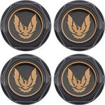 1982-92 Firebird - Wheel Center Caps Gloss Black with Gold Bird Emblem & Metal Clip - Set of 4