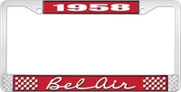 1958 BEL AIR RED AND CHROME LICENSE PLATE FRAME WITH WHITE LETTERING