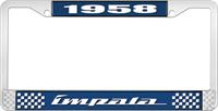 1958 IMPALA  BLUE AND CHROME LICENSE PLATE FRAME WITH WHITE LETTERING