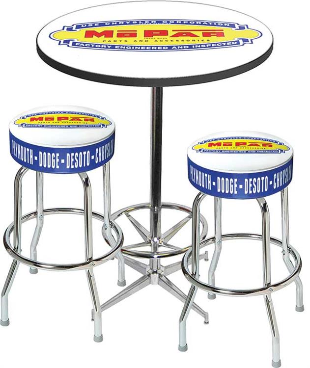 1948-53 Mopar Logo Pub Table & Stool Set - Chrome Based Table (w/footrest) & 2 Chrome Stools