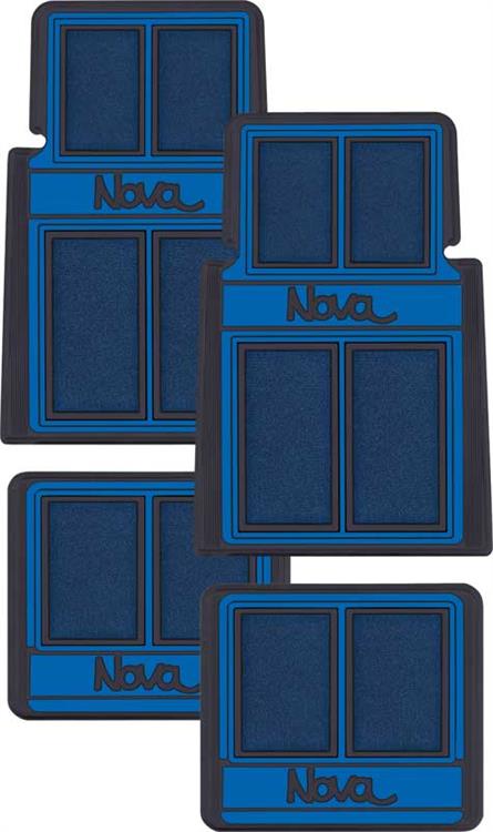 1962-79 Nova; Carpet Floor Mat Set;  "Nova" Script Lettering; Blue / Black; 4 Piece Set