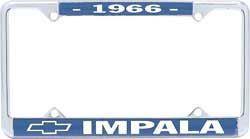 License Plate Frame, Die-Cast, Chrome/Blue, 1966 Impala Logo, Each