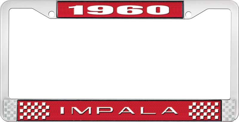 1960 IMPALA RED AND CHROME LICENSE PLATE FRAME WITH WHITE LETTERING