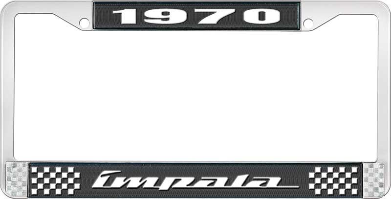 1970 IMPALA BLACK AND CHROME LICENSE PLATE FRAME WITH WHITE LETTERING