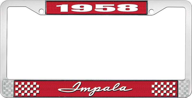 1958 IMPALA  RED  AND  CHROME LICENSE PLATE FRAME WITH WHITE LETTERING