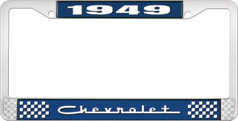 1949 CHEVROLET BLUE AND CHROME LICENSE PLATE FRAME WITH WHITE LETTERING