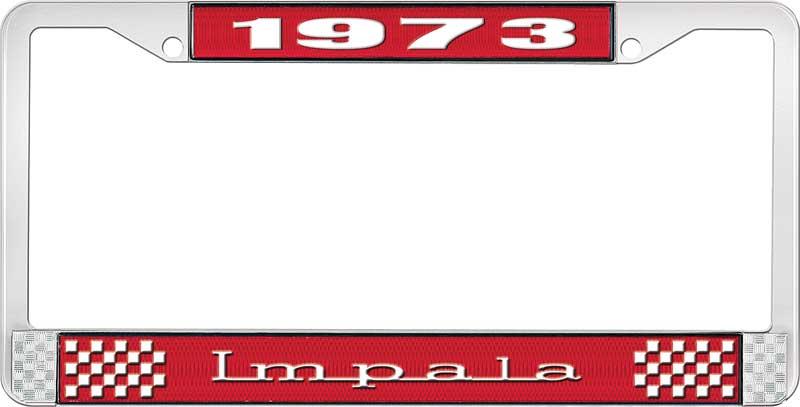 1973 IMPALA RED AND CHROME LICENSE PLATE FRAME WITH WHITE LETTERING