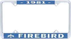 License Plate Frame, Steel, Chrome/Blue, 1981 Firebird Logo, Each