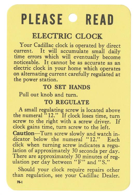 Tag, 54-59 Cadillac, Instruction, Electric Clock 