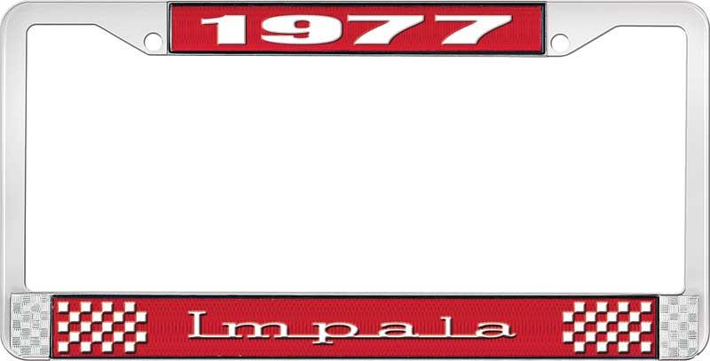 1977 IMPALA RED AND CHROME LICENSE PLATE FRAME WITH WHITE LETTERING