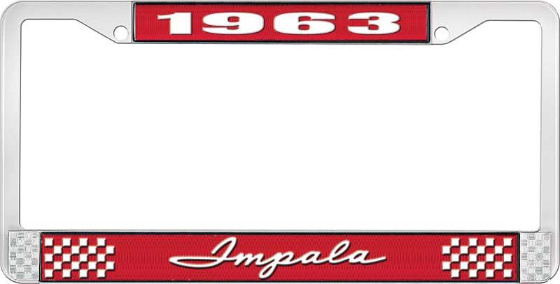 1963 IMPALA RED AND CHROME LICENSE PLATE FRAME WITH WHITE LETTERING