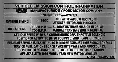 Emission Decal - 429 2-Barrel - Automatic Transmission - DOAE-9C485-N