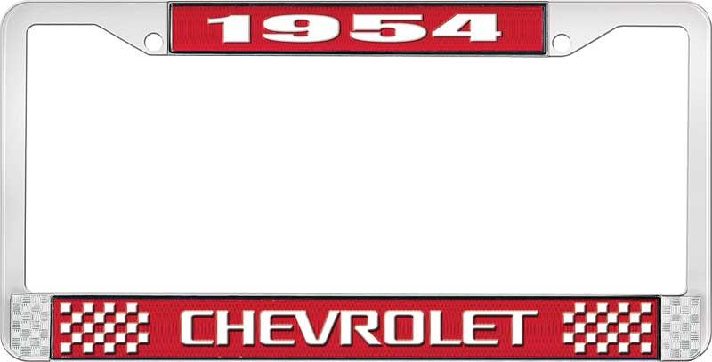 nummerplåtshållare, 1954 CHEVROLET, röd/krom, med vit text