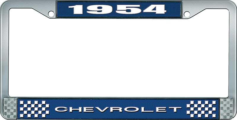 1954 CHEVROLET BLUE AND CHROME LICENSE PLATE FRAME WITH WHITE LETTERING