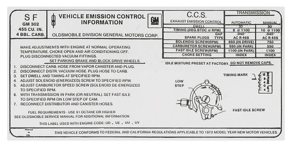 Decal, 72 Cutlass, Emissions, 455, 4bbl, MT