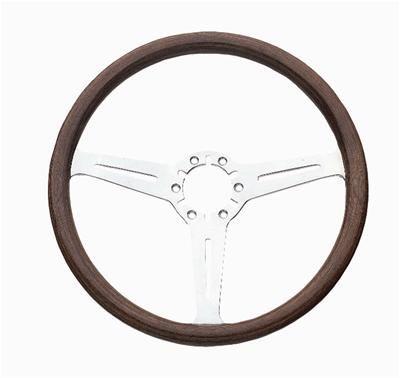 Steering Wheel, Classic Corvette, Aluminum, Wood/Mahogany, 3-Spoke, 14" Diameter, 6-Bolt