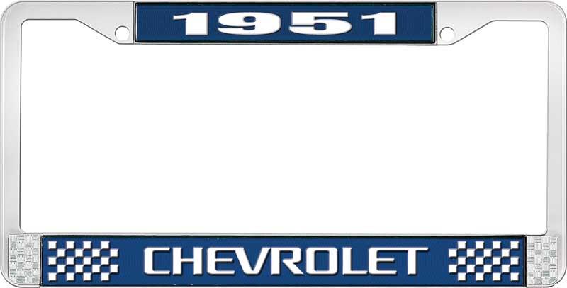 1951 CHEVROLET BLUE AND CHROME LICENSE PLATE FRAME WITH WHITE LETTERING