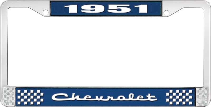 1951 CHEVROLET BLUE AND CHROME LICENSE PLATE FRAME WITH WHITE LETTERING