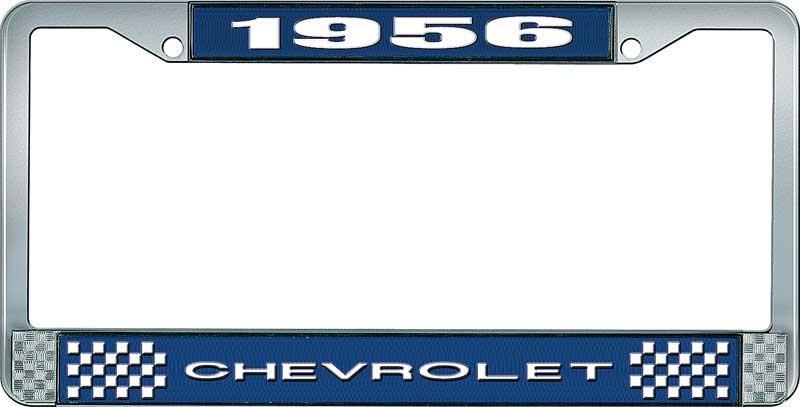 1956 CHEVROLET BLUE AND CHROME LICENSE PLATE FRAME WITH WHITE LETTERING