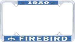 License Plate Frame, Steel, Chrome/Blue, 1980 Firebird Logo, Each