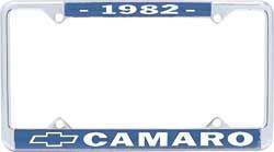 License Plate Frame, Steel, Chrome/Blue, 1982 Camaro Logo, Each