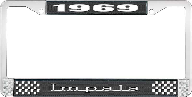 1969 IMPALA BLACK AND CHROME LICENSE PLATE FRAME WITH WHITE LETTERING