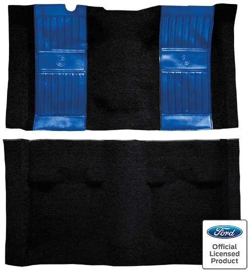 1971-73 Mustang Mach 1 Nylon Floor Carpet with Mass Backing - Black with Medium Blue Pony Inserts