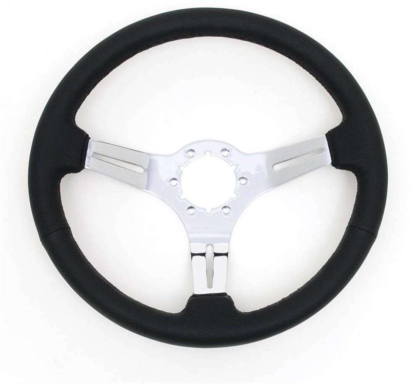 Steering Wheel Black Leather With Chrome Aluminum 3-Spokes