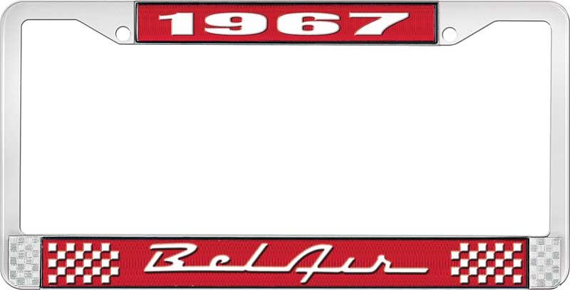 nummerplåtshållare, 1967 BEL AIR röd/krom , med vit text