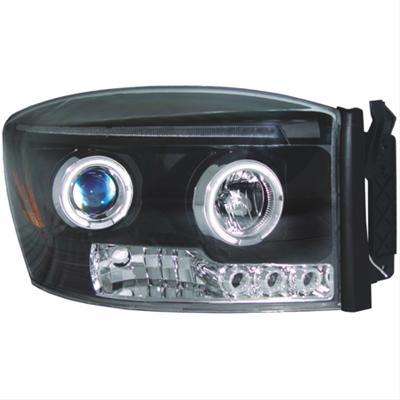 Headlight Assembly, Angel Eye Projector Headlamps, Clear Lens, Black Housing, Dodge, Ram