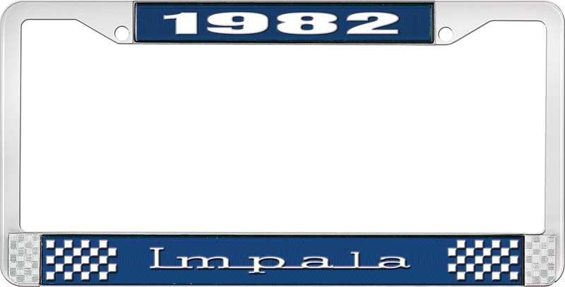 1982 IMPALA  BLUE AND CHROME LICENSE PLATE FRAME WITH WHITE LETTERING