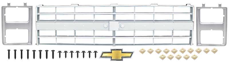 1985-88 Chevrolet Pickup Grill and Headlamp Bezel Basic Set - With Bow Tie Emblem - Argent Silver
