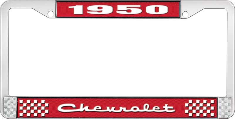 1950 CHEVROLET RED AND CHROME LICENSE PLATE FRAME WITH WHITE LETTERING