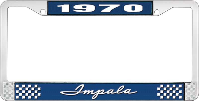 nummerplåtshållare, 1970 IMPALA  blå/krom, med vit text
