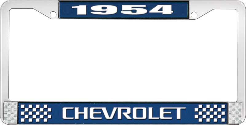 1954 CHEVROLET BLUE AND CHROME LICENSE PLATE FRAME WITH WHITE LETTERING