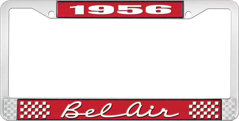 1956 BEL AIR RED AND CHROME LICENSE PLATE FRAME WITH WHITE LETTERING
