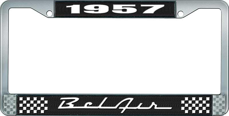 1957 BEL AIR BLACK AND CHROME LICENSE PLATE FRAME WITH WHITE LETTERING