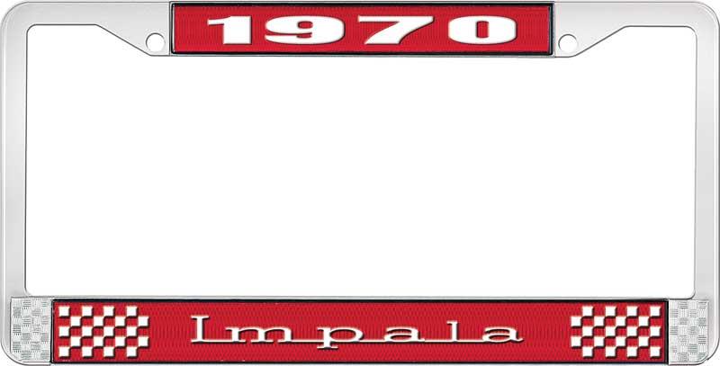 1970 IMPALA RED AND CHROME LICENSE PLATE FRAME WITH WHITE LETTERING