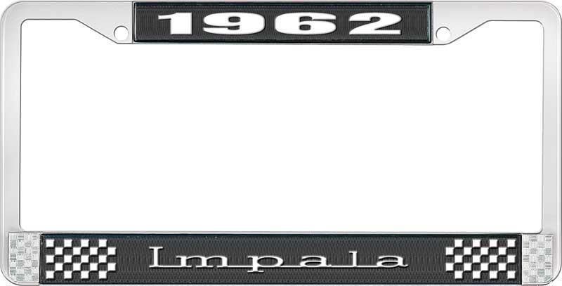 1962 IMPALA BLACK AND CHROME LICENSE PLATE FRAME WITH WHITE LETTERING