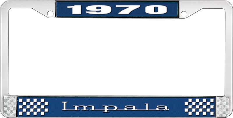 1970 IMPALA  BLUE AND CHROME LICENSE PLATE FRAME WITH WHITE LETTERING